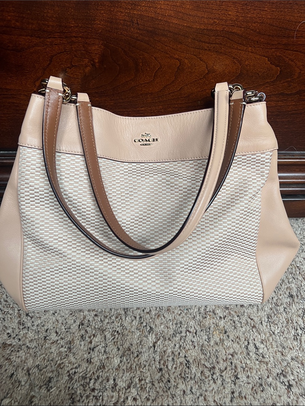 Coach Two-Tone Tan and Cream Woven Shoulder Bag